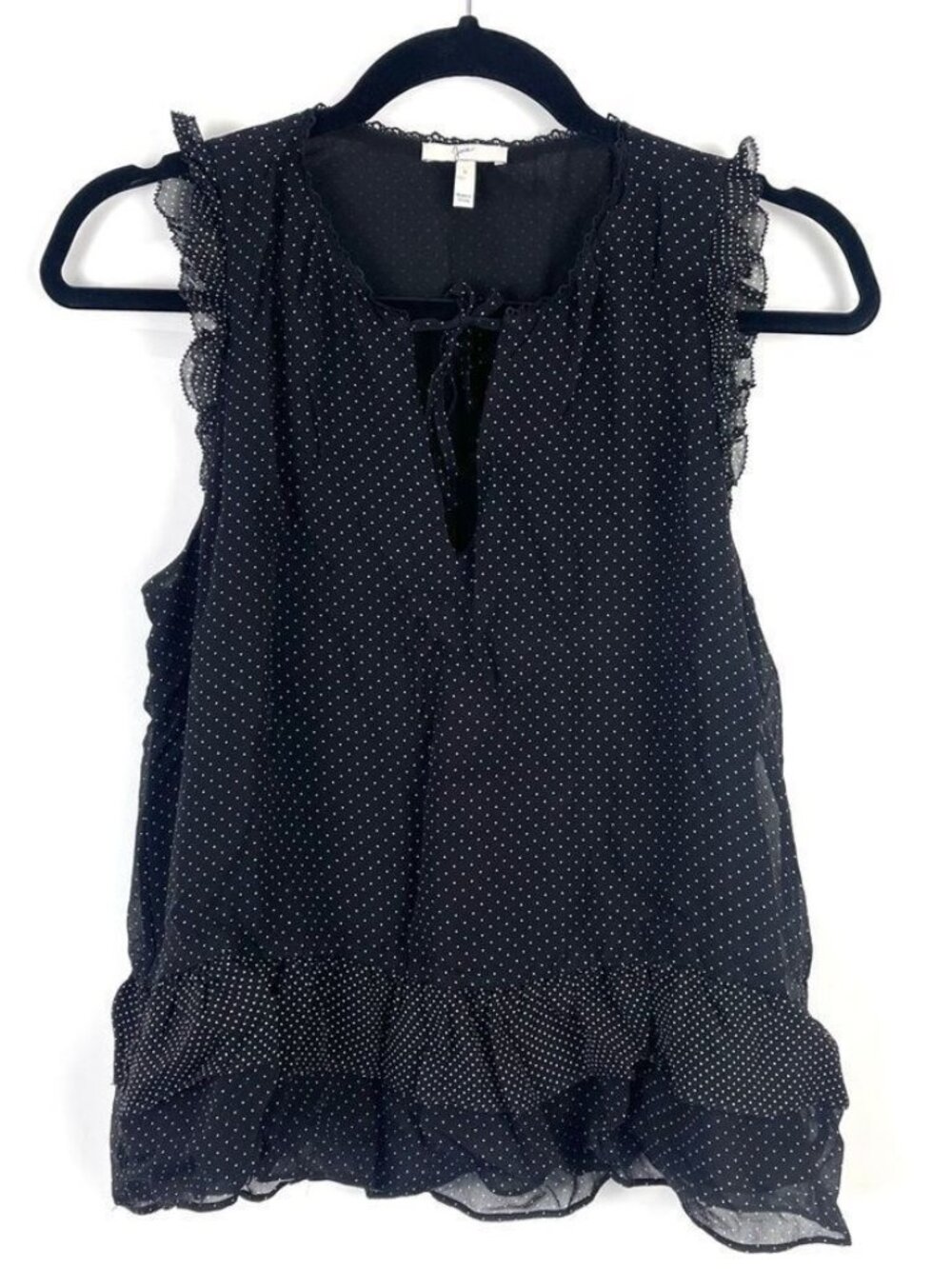 Joie Black Polka Dot Silk Ruffle Blouse Women’s Size Small Sleeveless Top